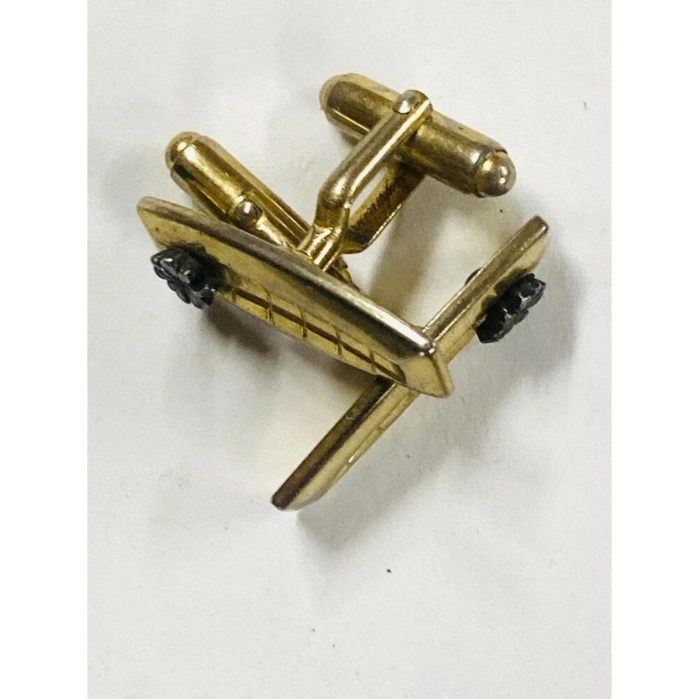 Vintage Four Leaf Clover Cufflinks Gold Tone Grid Good Luck Irish Bullet Back